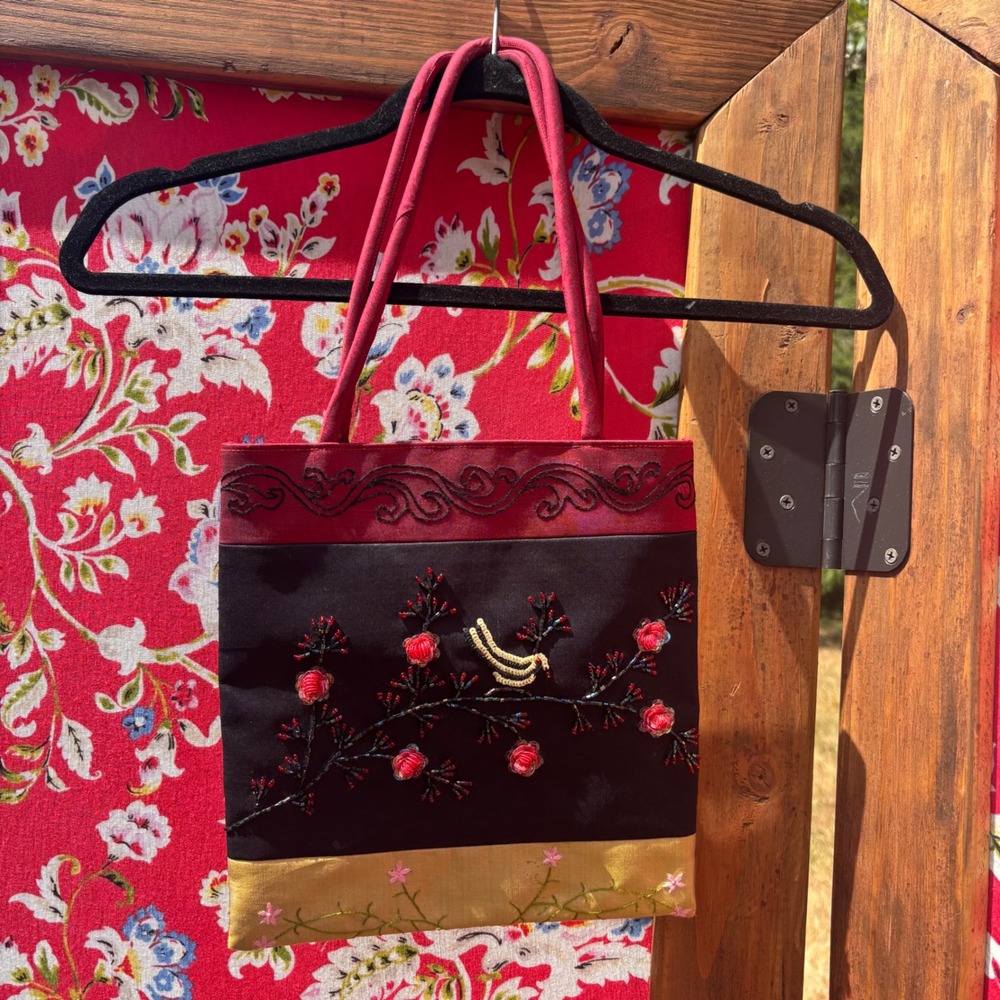 Small Beaded Sequin Whimsigoth Floral Bird Tote Bag 10X10"